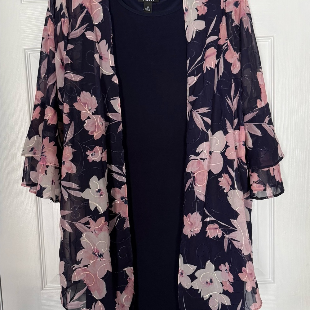 Alyx Navy Sheer Floral Overlay Dress with Pink and Cream Blossoms